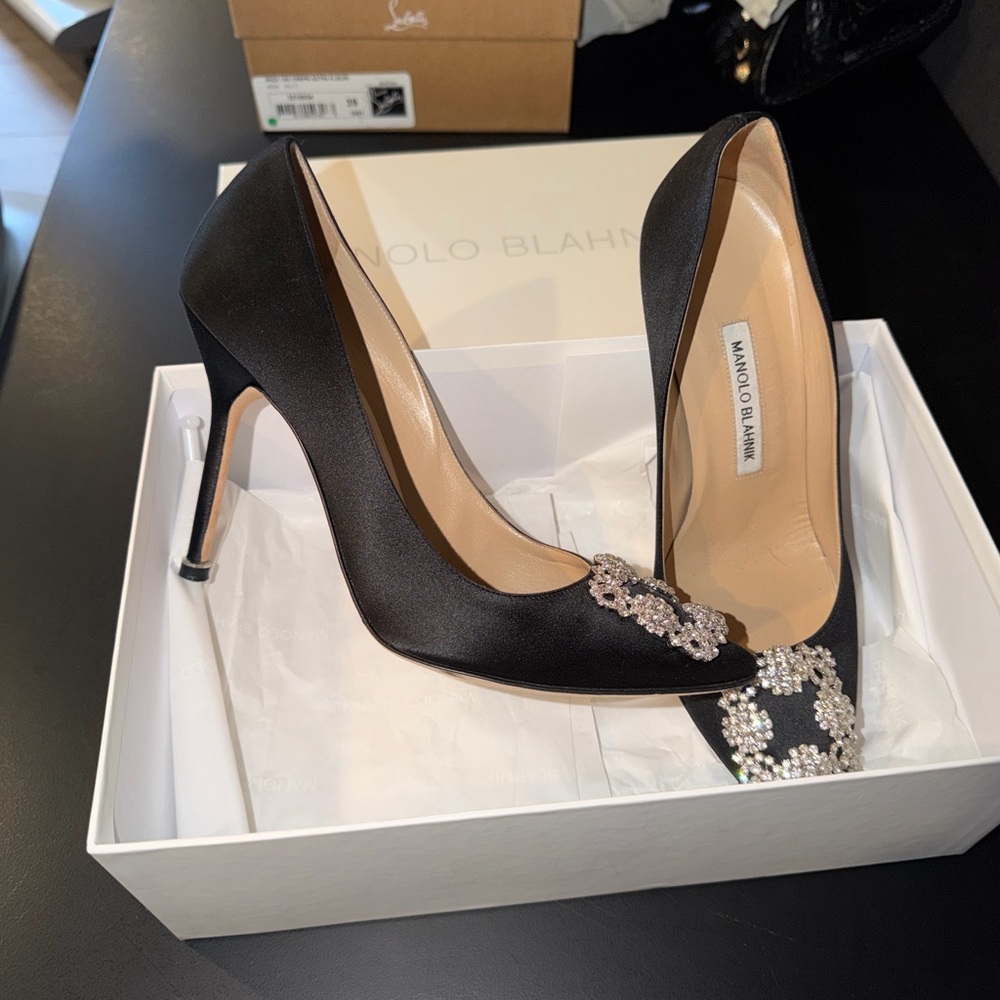 Manolo Blahnik Black Satin Heels with Embellishments - Picture 2 of 5